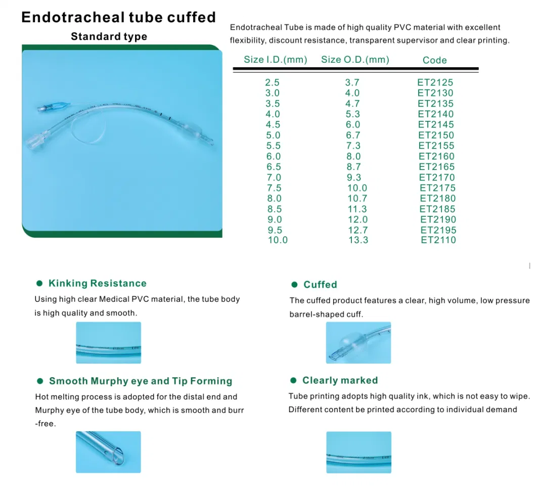 Factory Price Cuffed/Uncuffed/Reinforced Disposable Medical Endotracheal Tube with CE/FDA Certificate